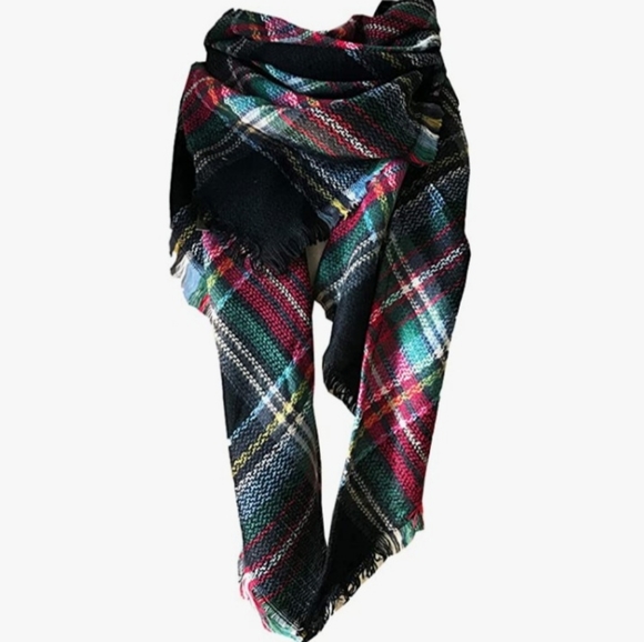 Wander Agio • Women's Woolen Yarn Plaid Stripe Triangle Shawl Scarf, NWOT - Picture 2 of 9